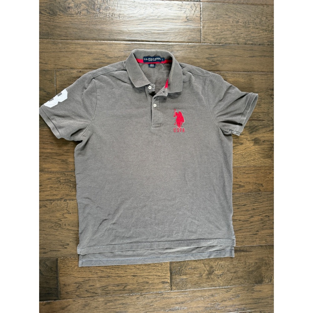 U.S. Polo Assn. Men's Polo Shirt - Gray with Red Logo Size Large Preppy